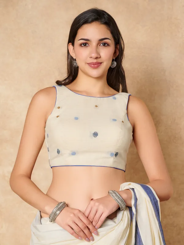 Off white cotton boat neck ready made blouse for women