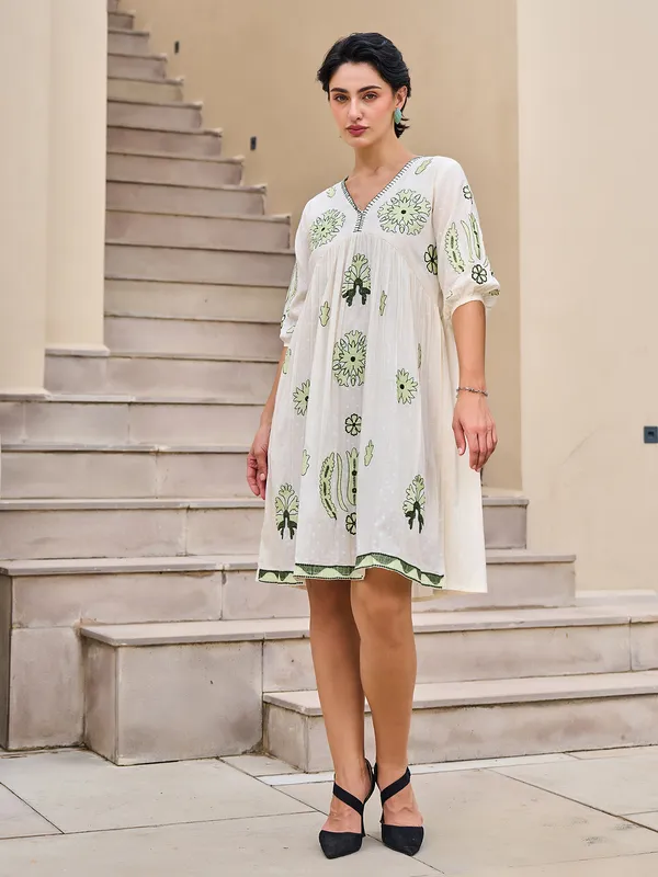 Off white cotton embroidered kurti with V neck