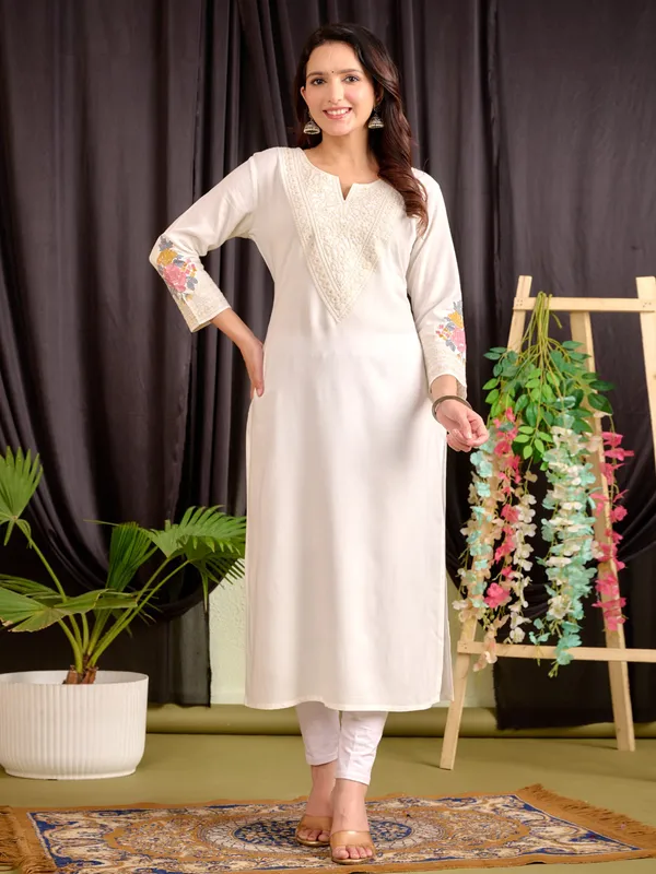 Off white cotton embroidery kurti