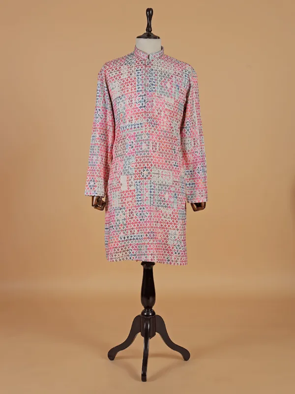 Off white cotton kurta suit with multicolor thread design