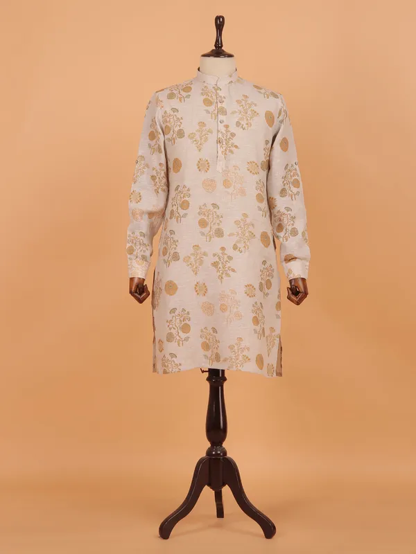 Off white cotton printed kurta set for men