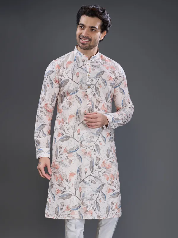 Off white cotton printed kurta suit
