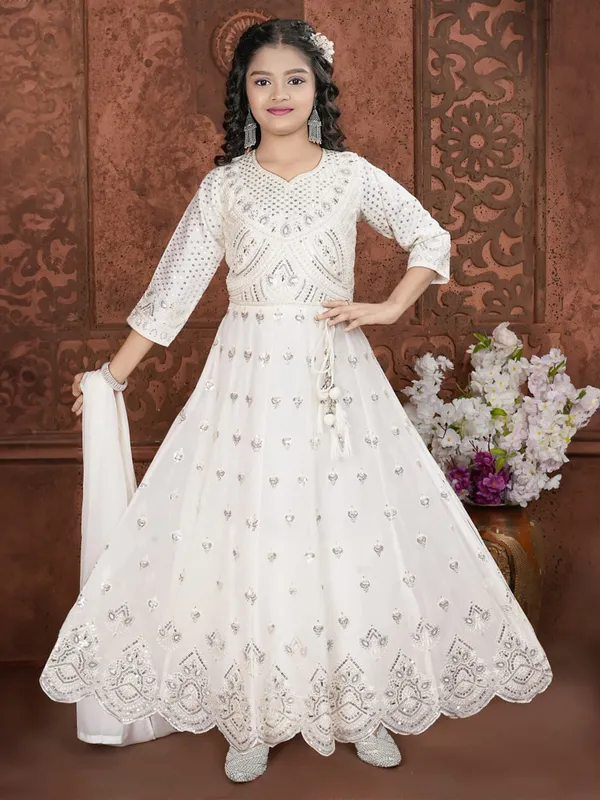 Off-white cotton silk anarkali salwar suit