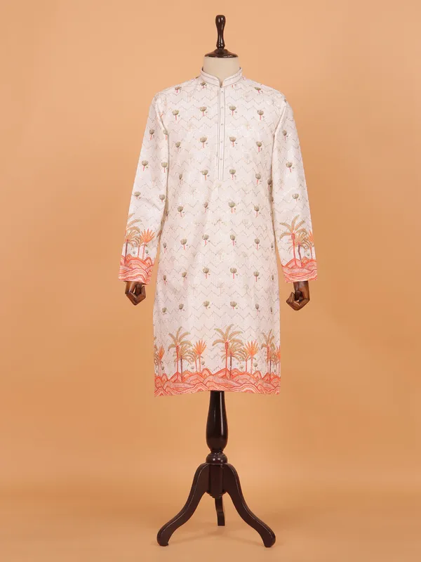 Off white cotton silk festive kurta set for men
