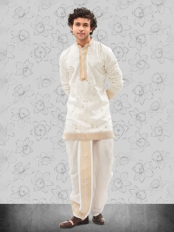 Off white cotton silk kurta pajama for men