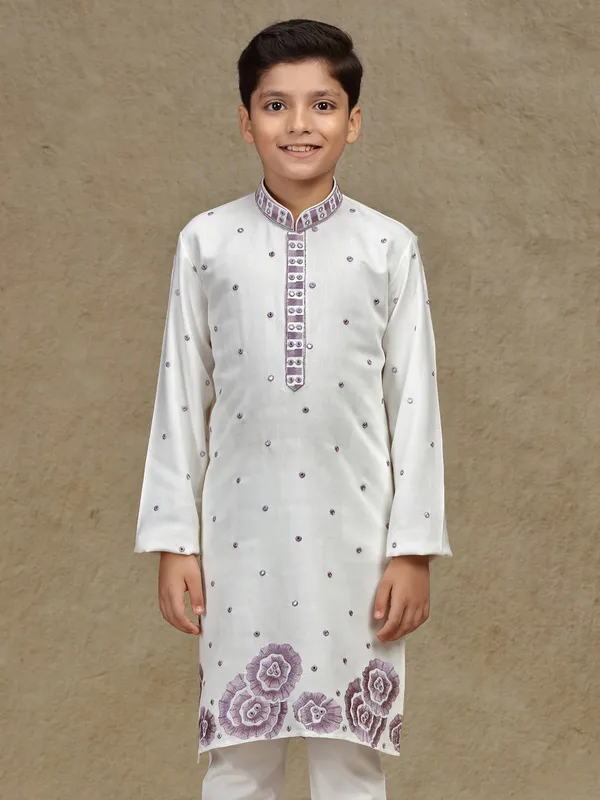 Off white cotton silk kurta suit for boys