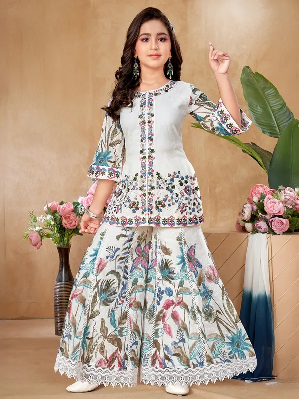 Off white cotton silk palazzo suit with prints