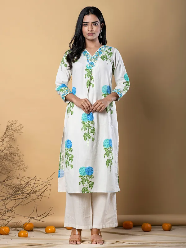 Off white cotton silk printed kurti palazzo set for women