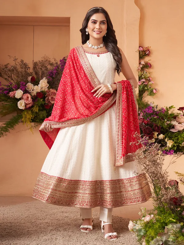 Off white cotton silk salwar suit in thread work