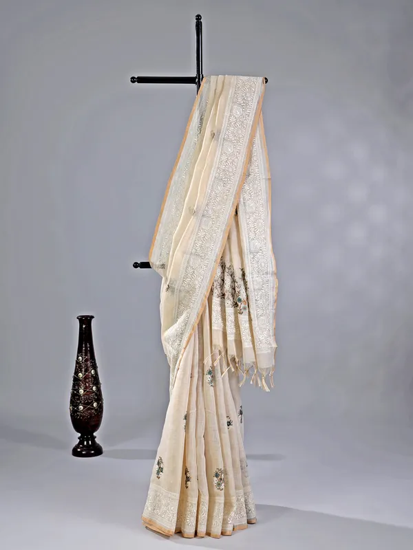 Off white cotton silk saree for festival