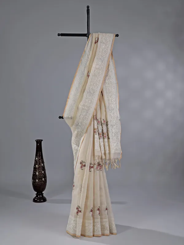 Off white cotton silk saree for festive wear