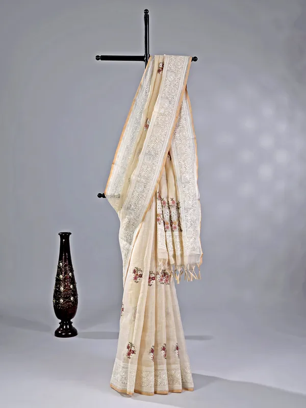 Off white cotton silk saree for festive wear