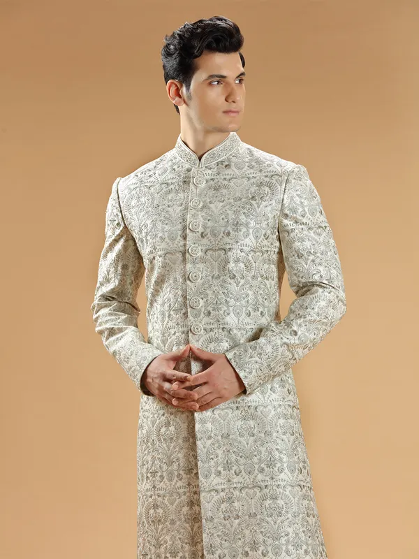 Off white designer raw silk sherwani