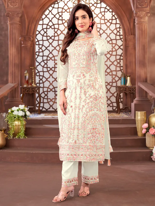 off white embroidered silk salwar suit