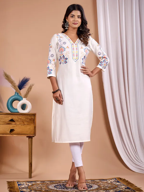 Off white embroidery cotton silk kurti