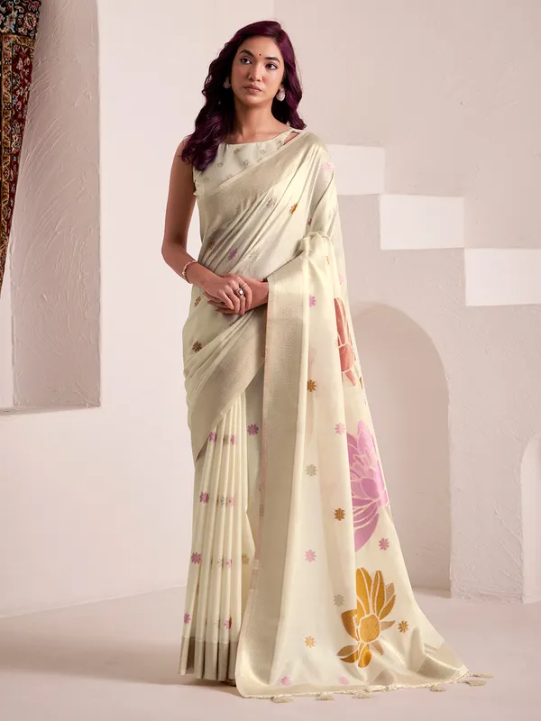 Off white festive wear linen saree