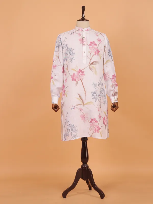 Off white floral festive kurta set for men