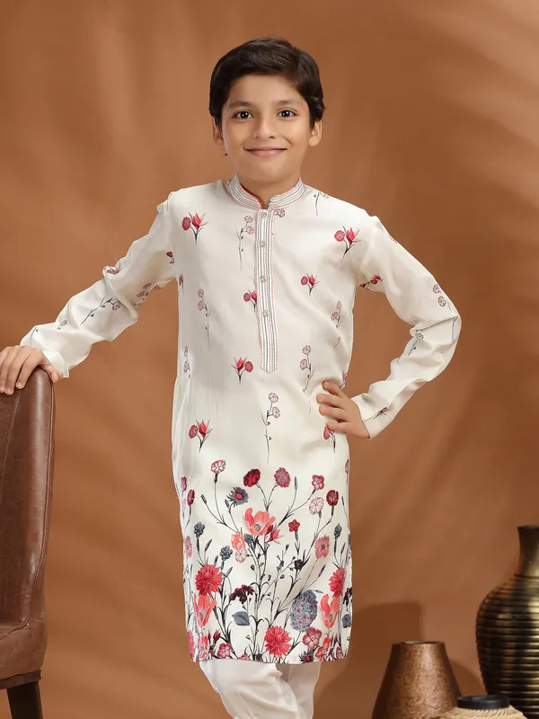 Off white floral printed silk kurta suit
