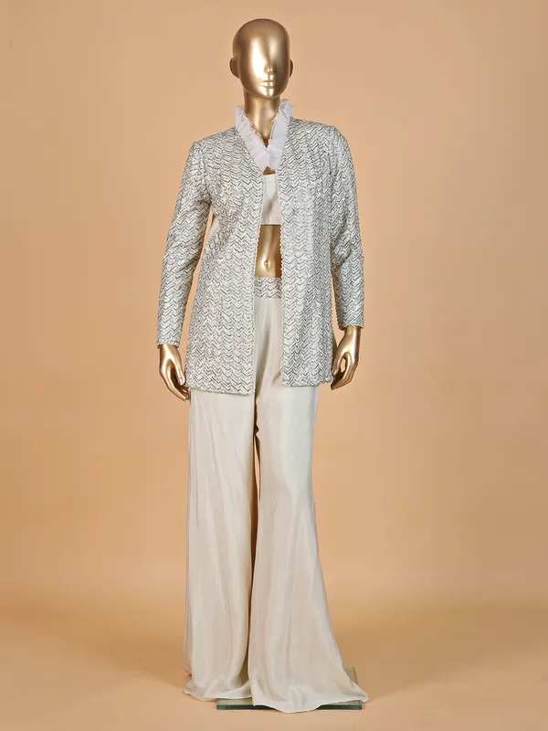 Off white georgette jacket style salwar suit