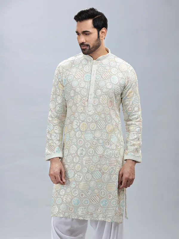 Off white georgette kurta set for men