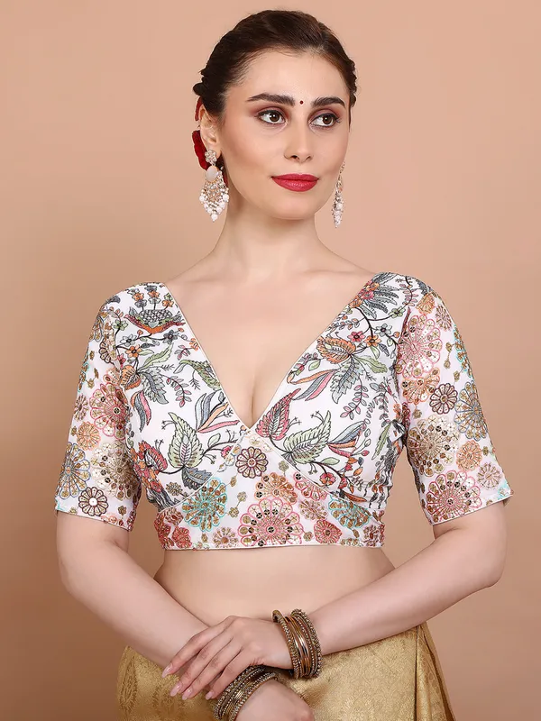 Off white georgette V neck ready made blouse