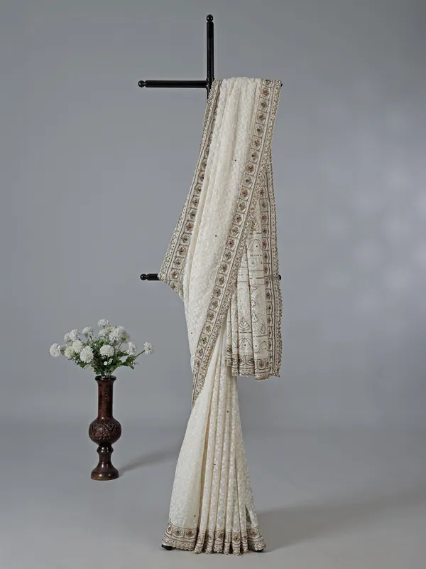 Off white georgette zardosi wedding saree