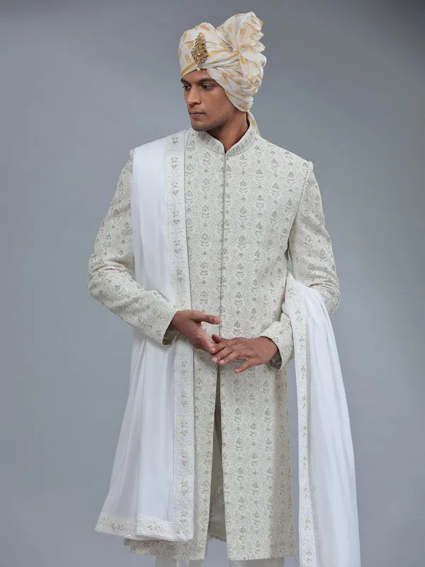 Off white groom style raw silk sherwani for men