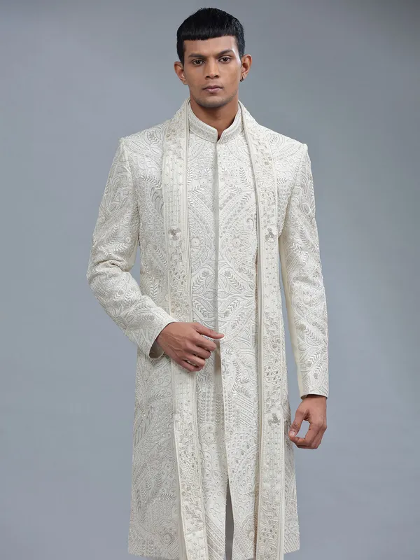 Off-white groom style sherwani in raw silk