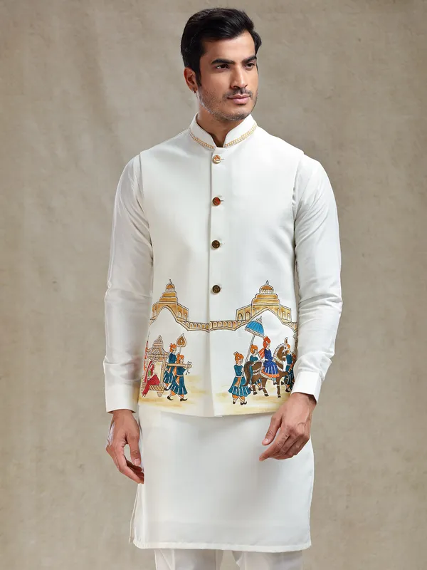 Off white hand printed kurta jacket set