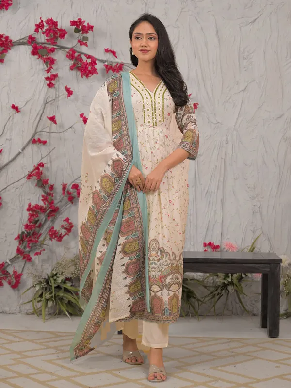 Off white mulmul festive kurti set with dupatta