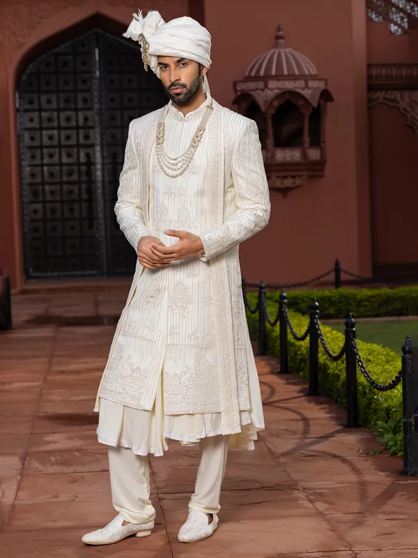 Off white peshwai style raw silk sherwani for groom