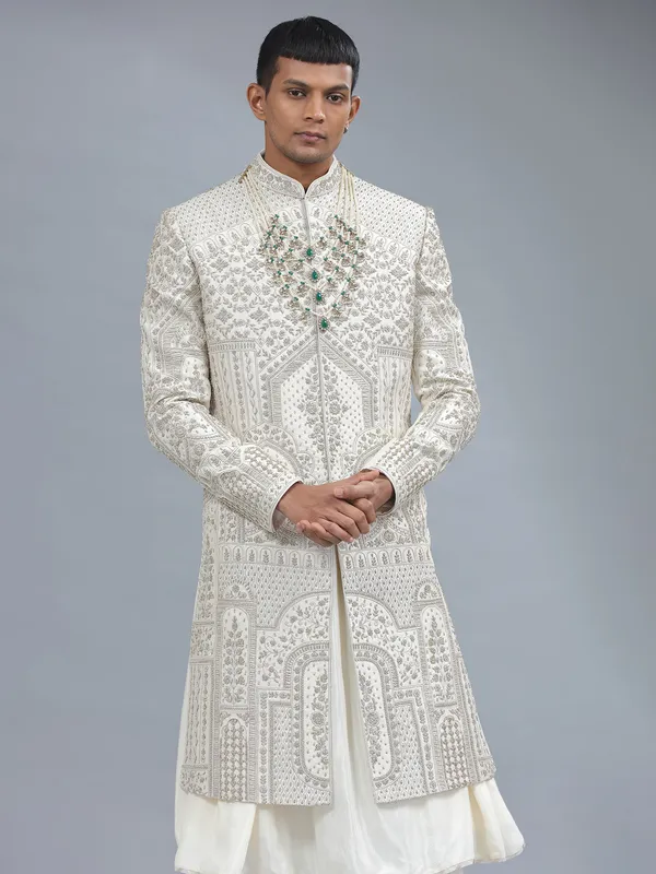 Off-white peshwai style raw silk shewani