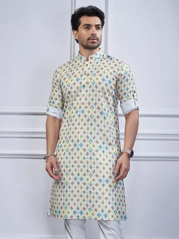 Off white printed cotton kurta suit for festive wear