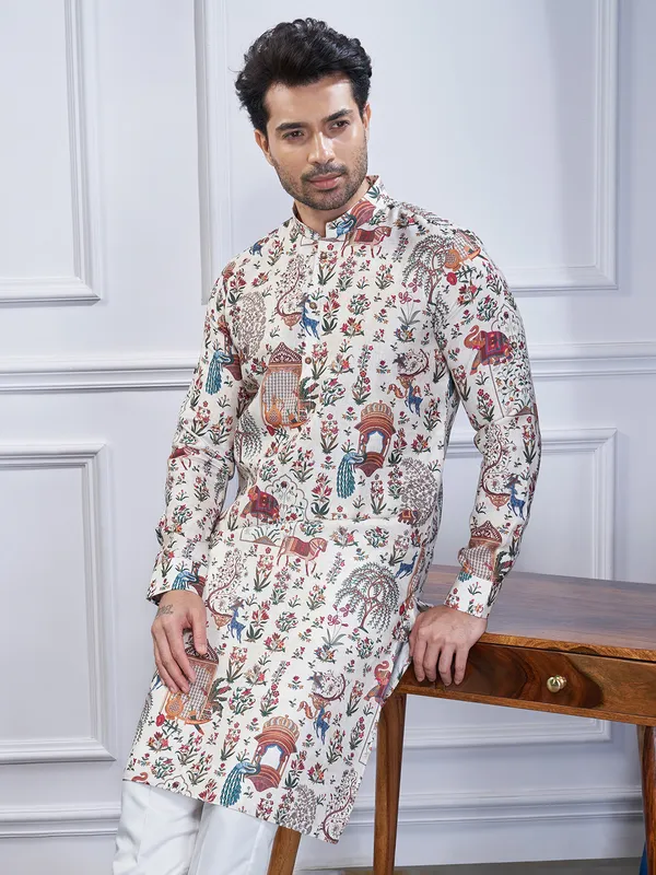 Off white printed cotton kurta suit for mens wear