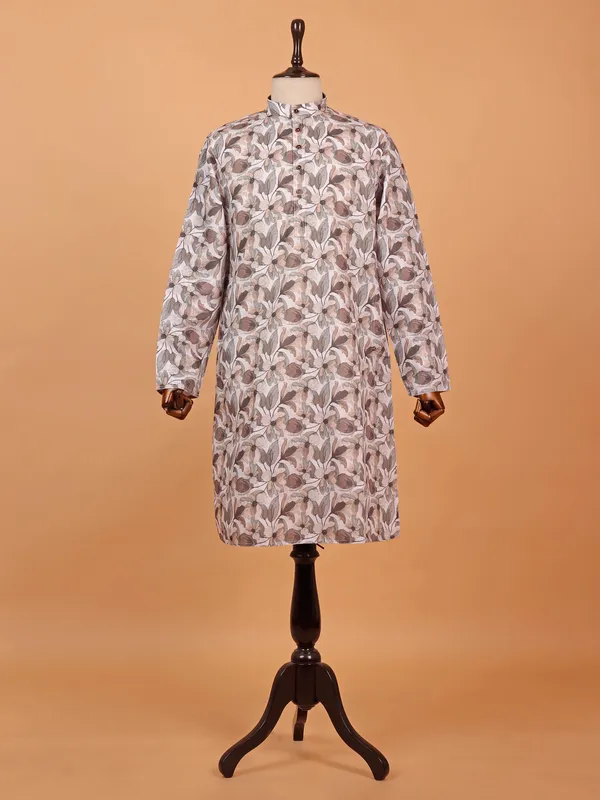 Off white printed cotton kurta suit with print