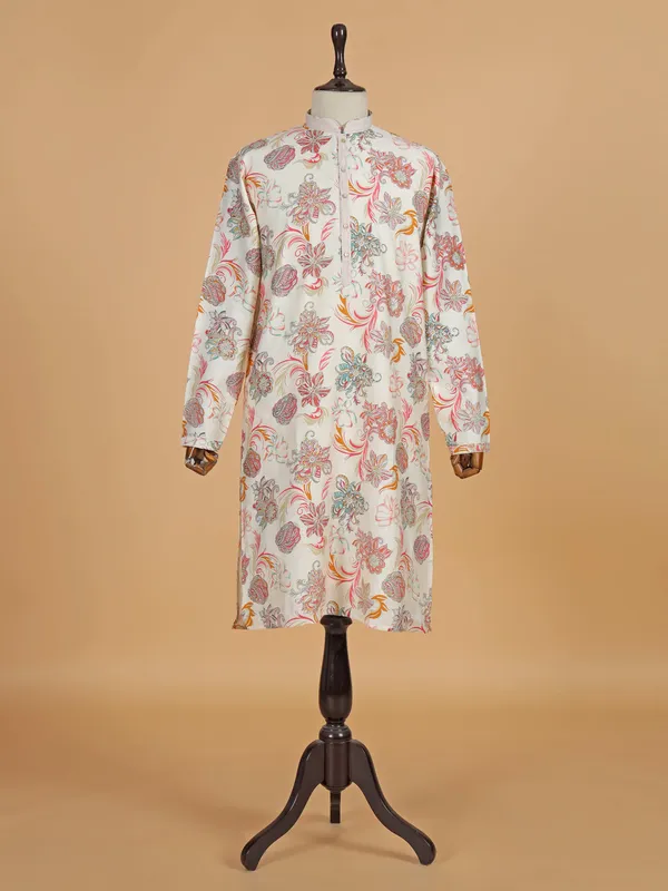 Off-white printed cotton silk kurta suit for men