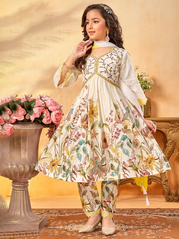 Off-white printed cotton silk salwar suit