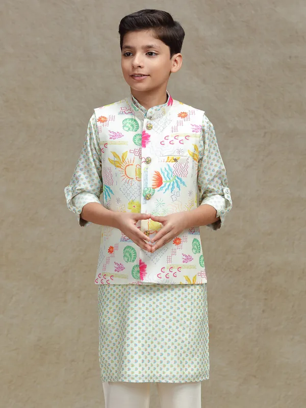 Off white printed cotton silk waistcoat set for boys