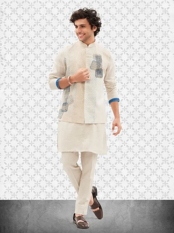 Off white printed cotton waistcoat set for men