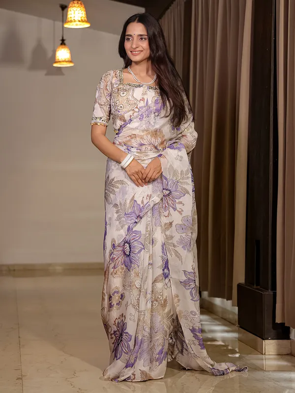 Off white printed georgette saree with ready made blouse