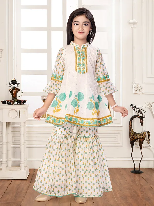Off-white printed georgette sharara salwar suit