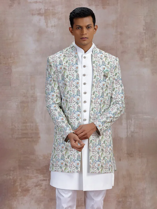 Off white printed indo western with embroidery work