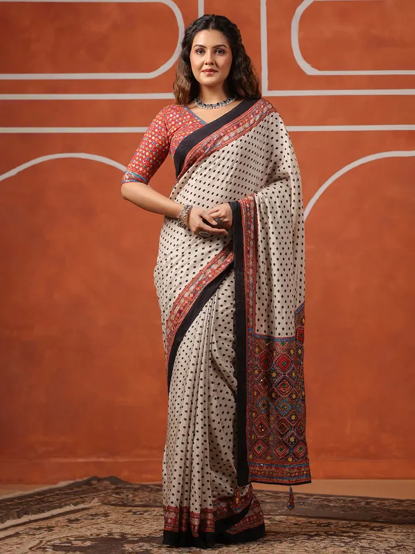 Off white printed muslin saree for festive