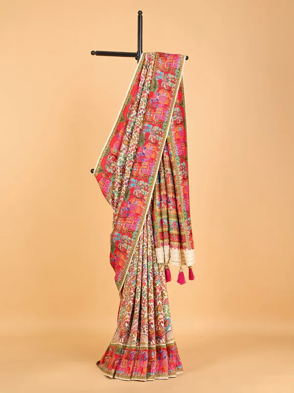 Off-white printed pashmin silk saree