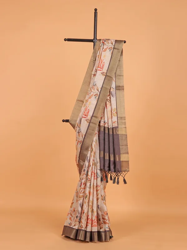Off white printed semi cotton silk saree for festive