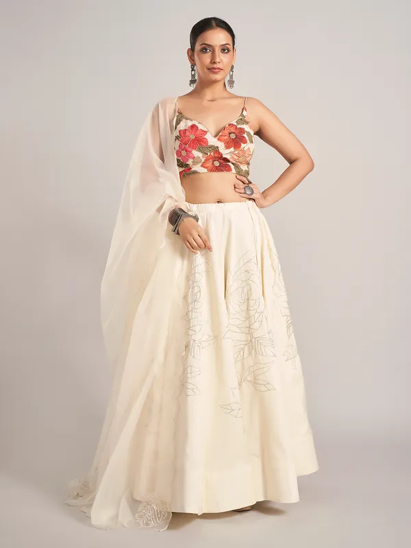 Off white printed silk navratri chaniya choli