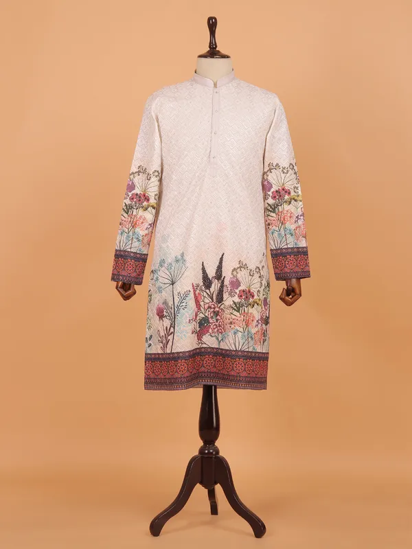 Off white printed sleeves festive kurta set for men