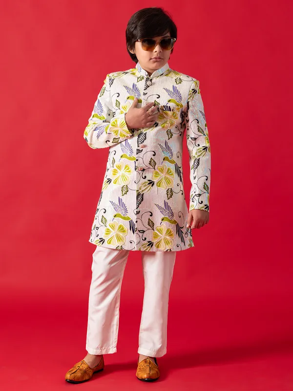 Off white printed terry rayon Indowestern for boys