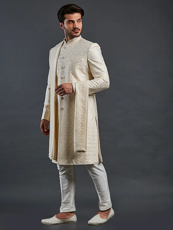 Off white raw silk groom style sherwani