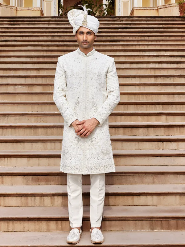 Off white raw silk sherwani for man